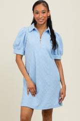 Light Blue Jacquard 1/4 Zip Mini Shirt Dress