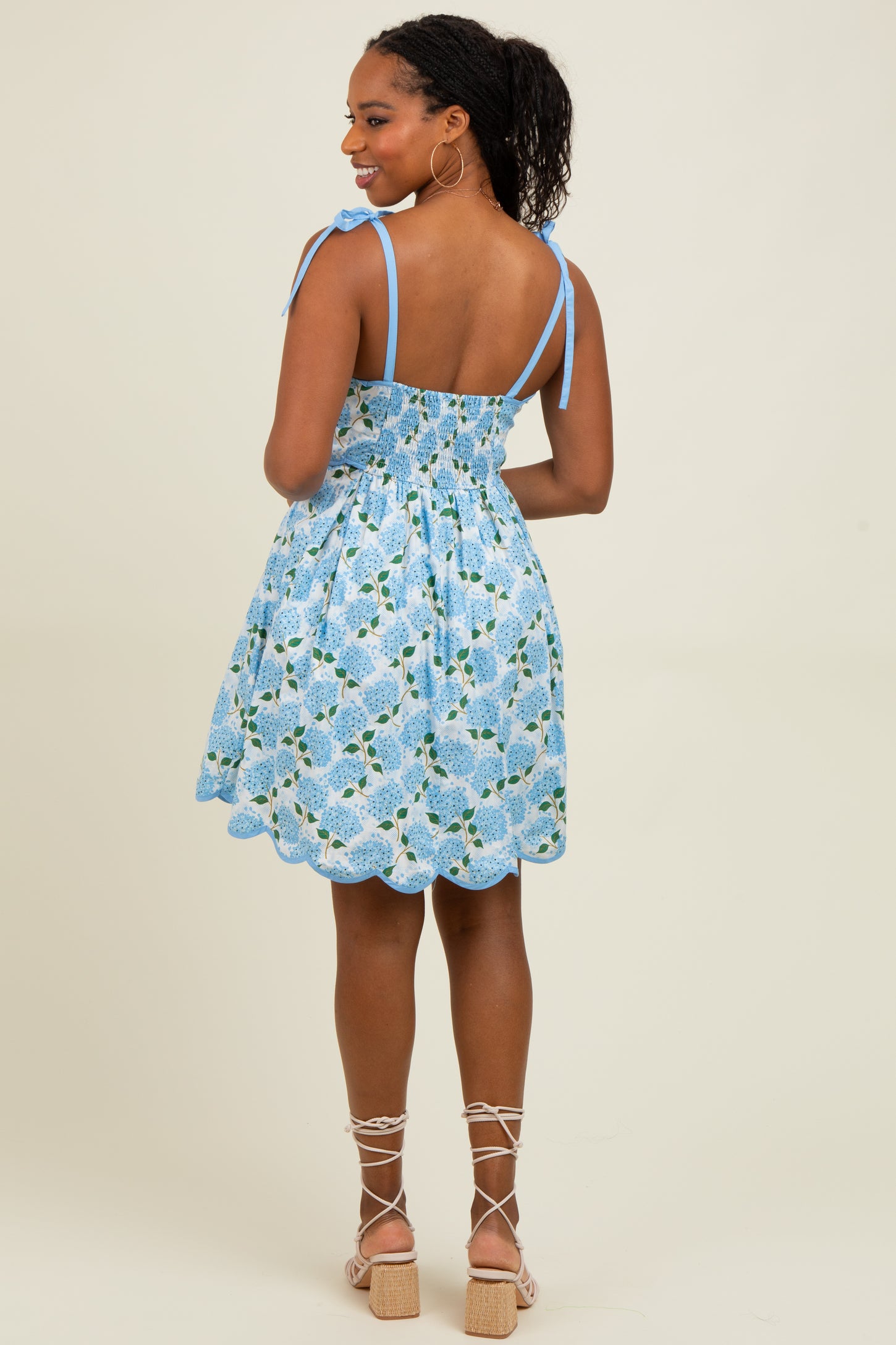 White Floral Shoulder Tie Scallop Hem Dress