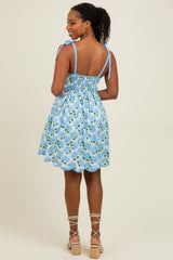 White Floral Shoulder Tie Scallop Hem Dress