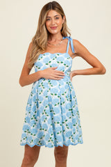 White Floral Shoulder Tie Scallop Hem Maternity Dress