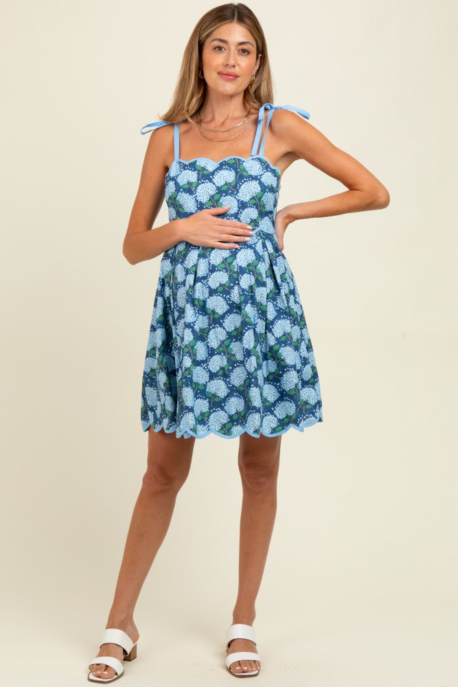 Navy Floral Shoulder Tie Scallop Hem Maternity Dress
