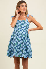 Navy Floral Shoulder Tie Scallop Hem Maternity Dress