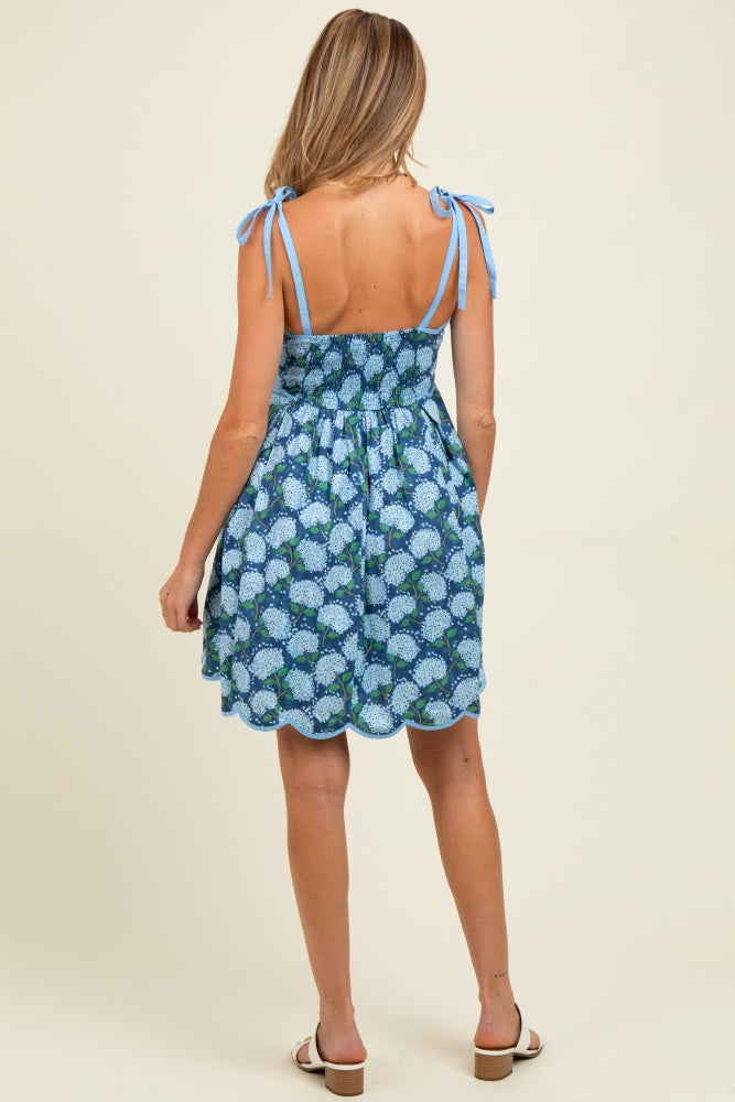 Navy Floral Shoulder Tie Scallop Hem Maternity Dress