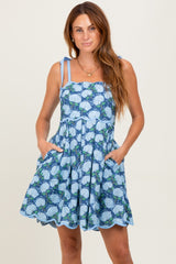 Navy Floral Shoulder Tie Scallop Hem Maternity Dress