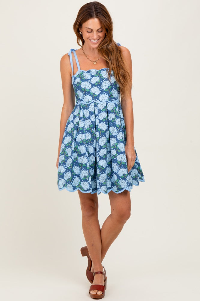 Navy Floral Shoulder Tie Scallop Hem Dress