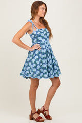 Navy Floral Shoulder Tie Scallop Hem Dress