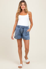 Blue Chambray Smocked Drawstring Waist Maternity Shorts