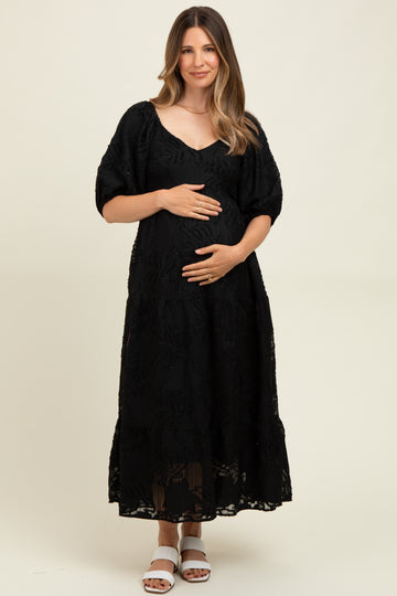 Black Leaf Textured Tiered Midi Maternity Dress