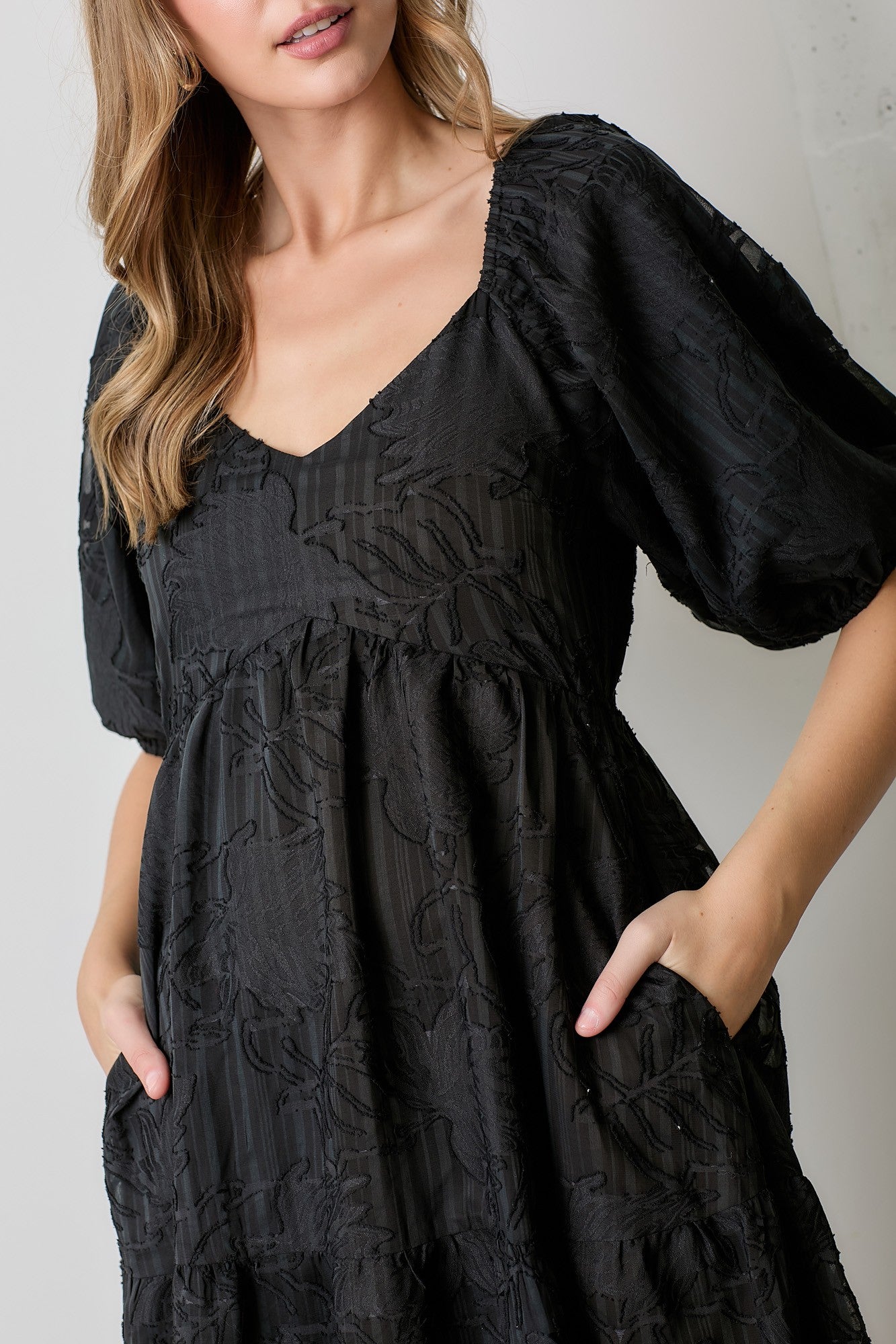 Black Leaf Textured Tiered Midi Dress