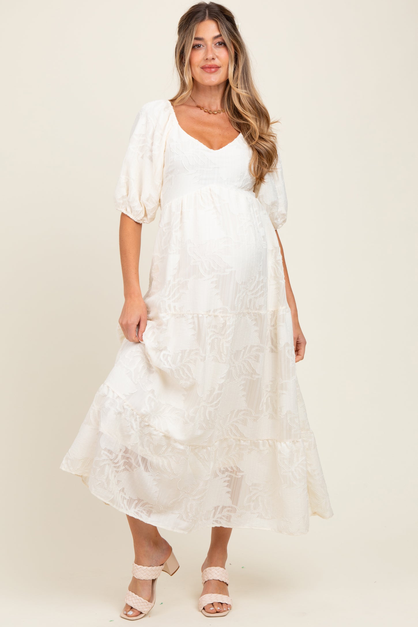 Cream Leaf Textured Tiered Midi Maternity Dress – PinkBlush