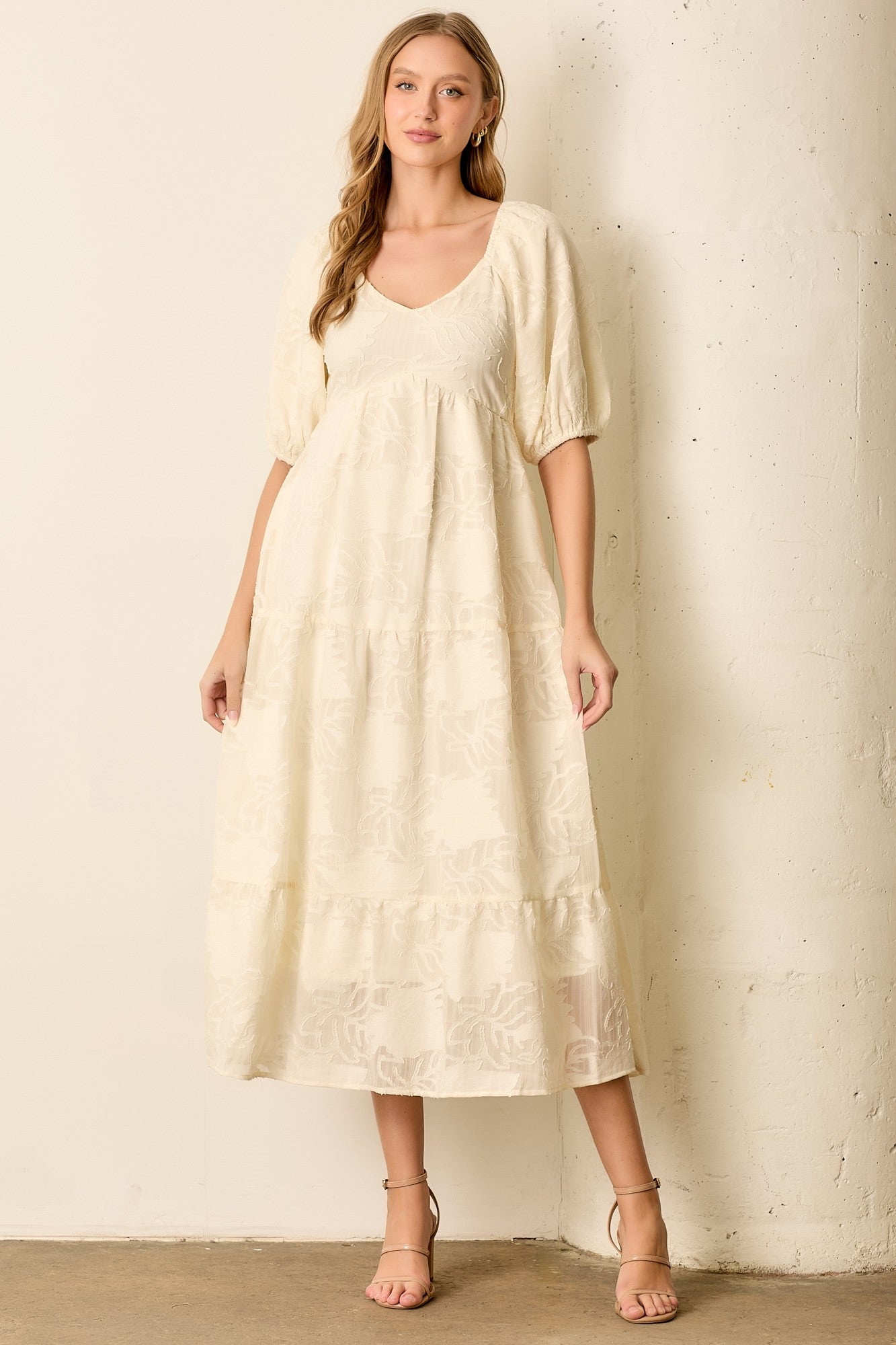 cream chiffon tiered midi dress New Look Cream Polka Dot Chiffon Tiered Midi Dress