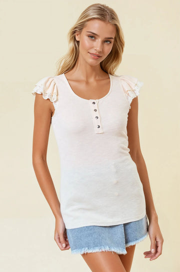 Cream Ruffle Crochet Sleeve Henley Top