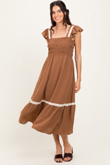 Mocha Smocked Lace Detail Midi Dress