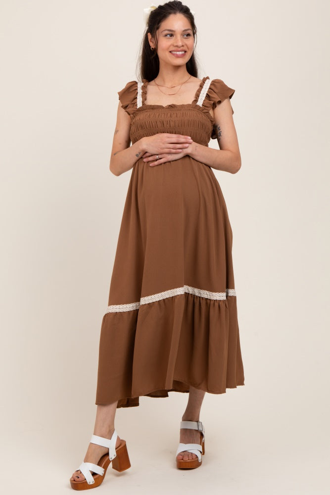 Mocha Smocked Lace Detail Maternity Midi Dress