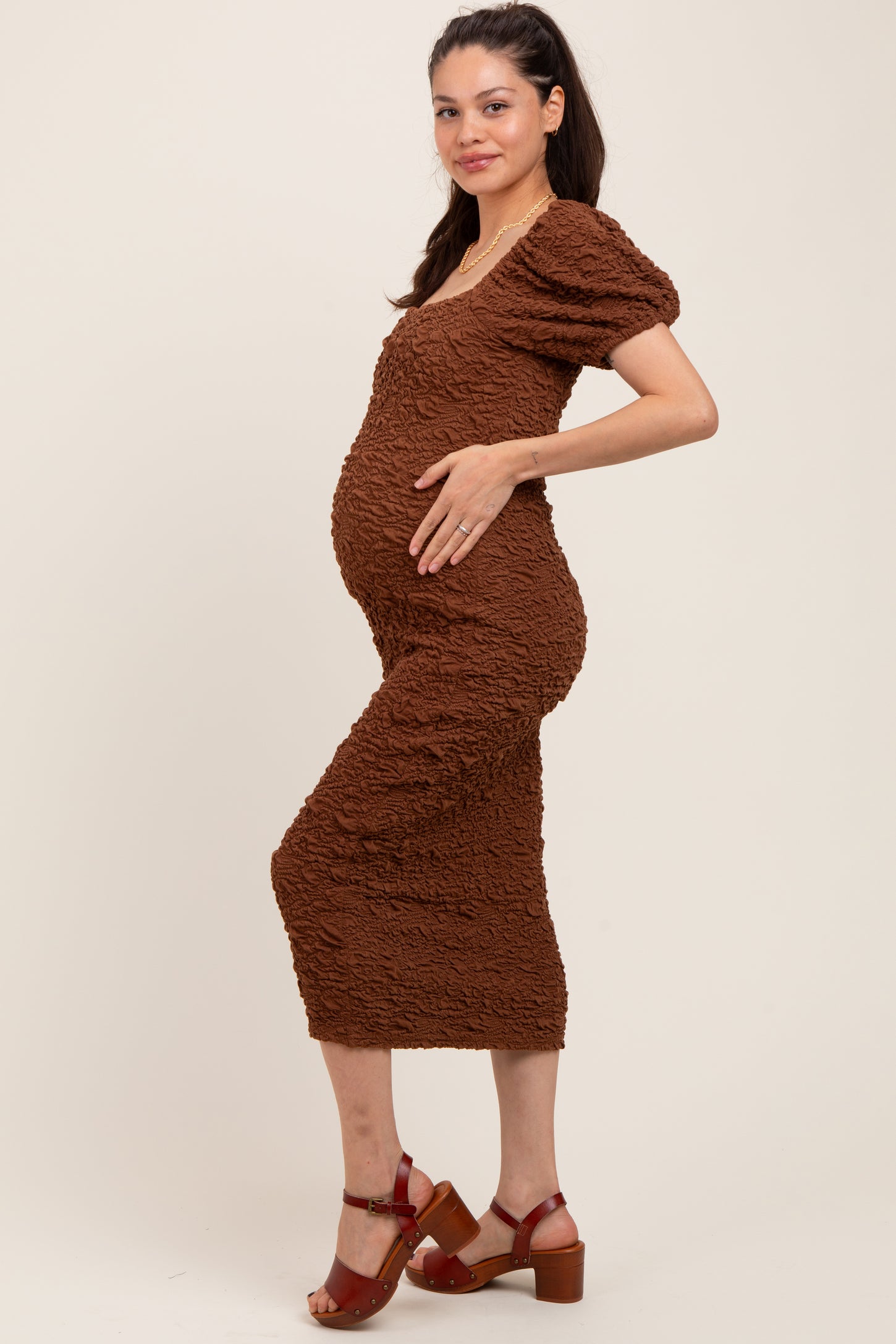 Brown Textured Square Neck Puff Sleeve Maternity Midi Dress