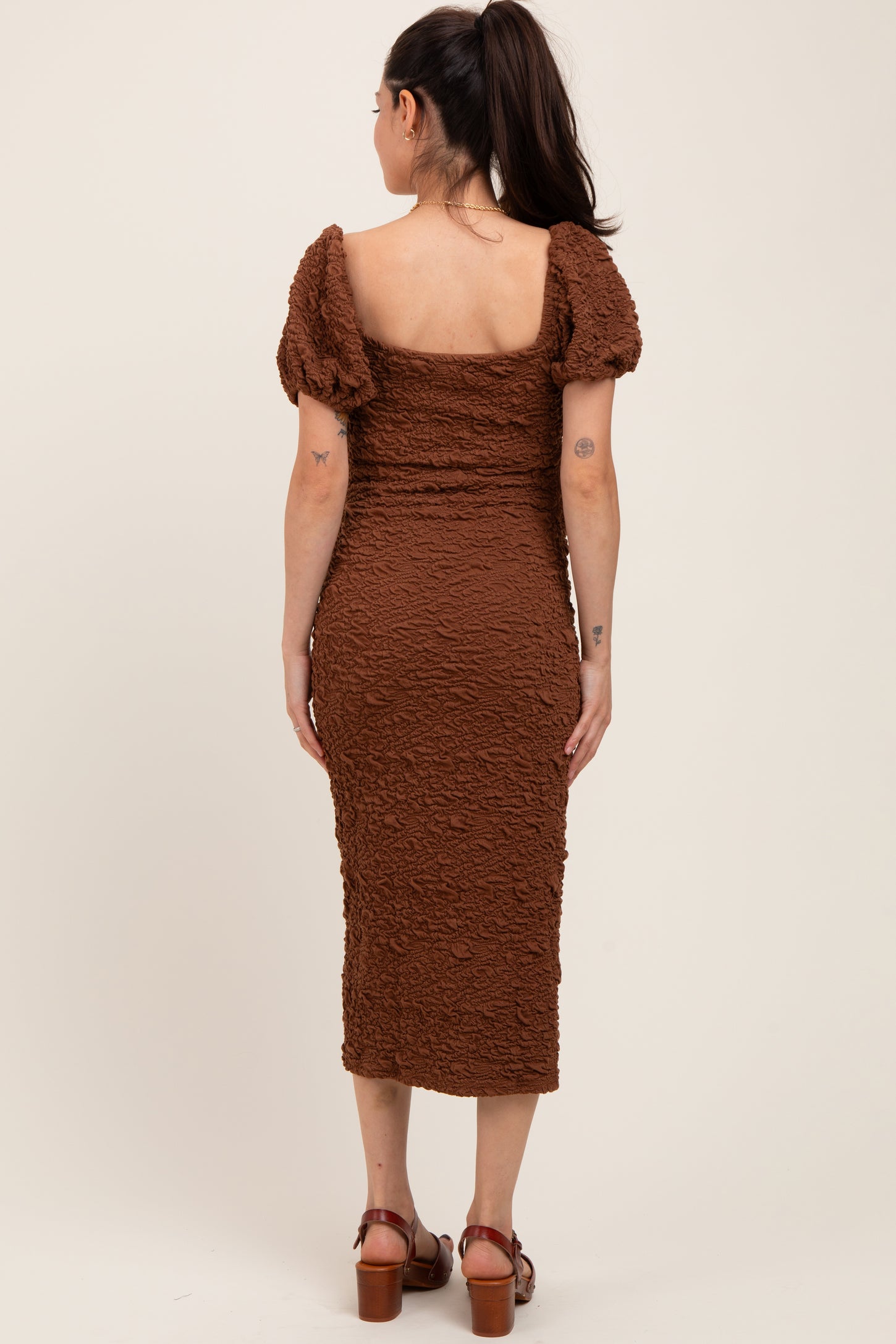 brown textured midi dress Brown Textured Midi