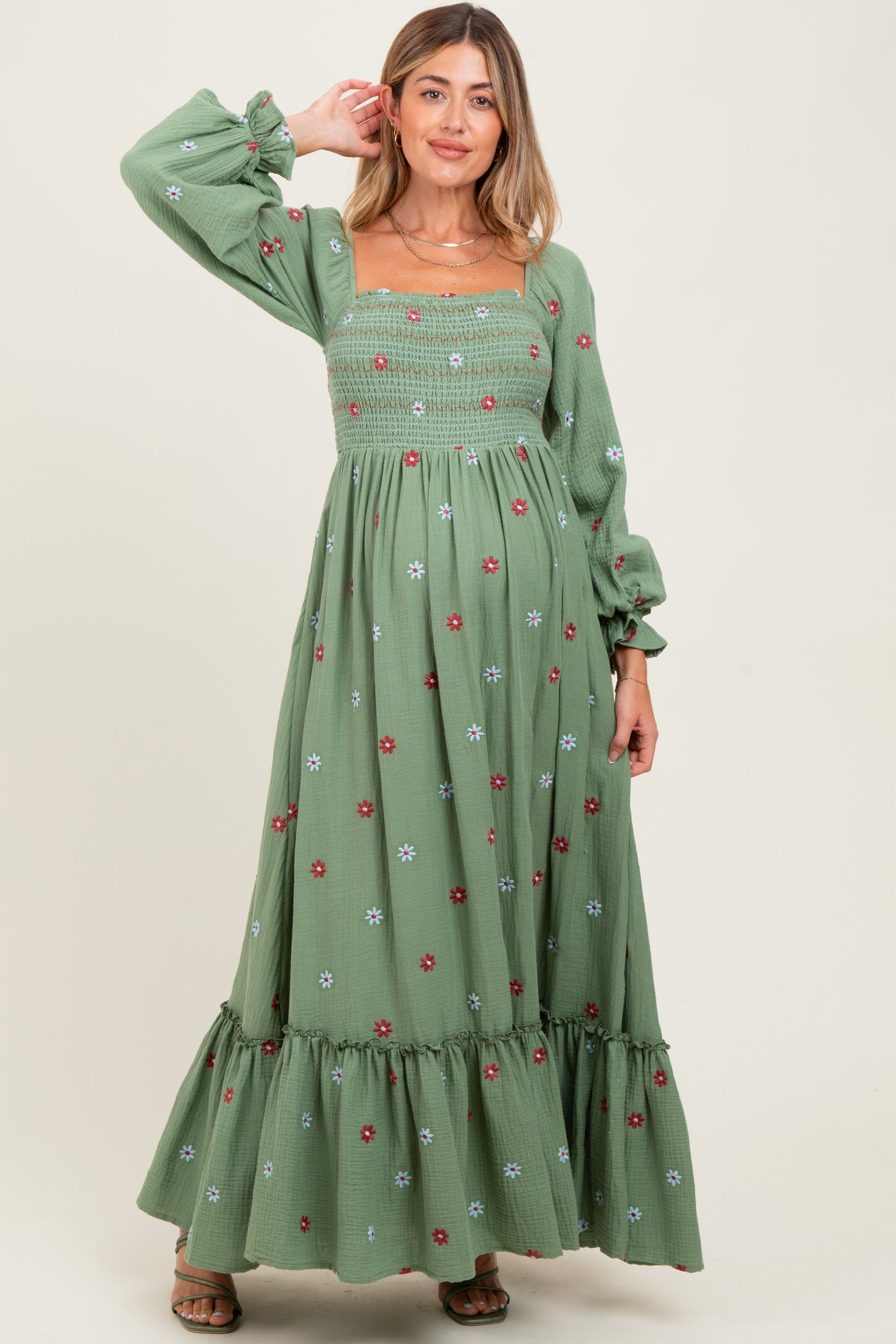 Olive Long Sleeve Floral Accent Maternity Dress Olive Long Sleeve Floral Accent Maternity Dress