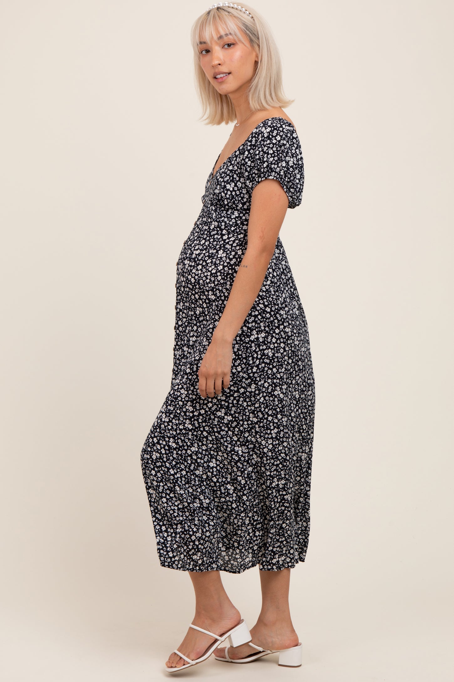 v neck button down midi dress Black Floral V-Neck Button Down Maternity Midi Dress – PinkBlush