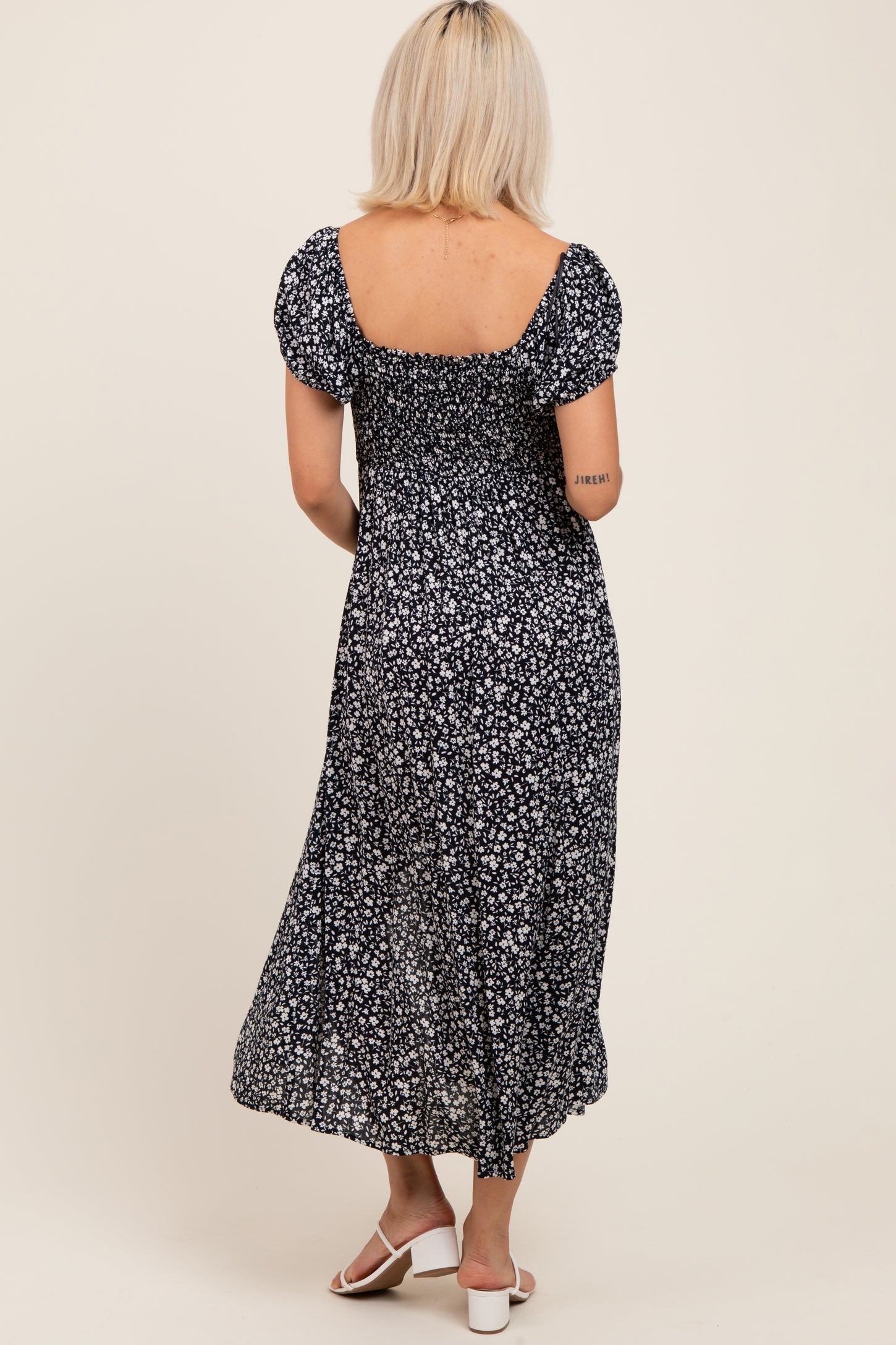 v neck button down midi dress Black Floral V-Neck Button Down Maternity Midi Dress – PinkBlush