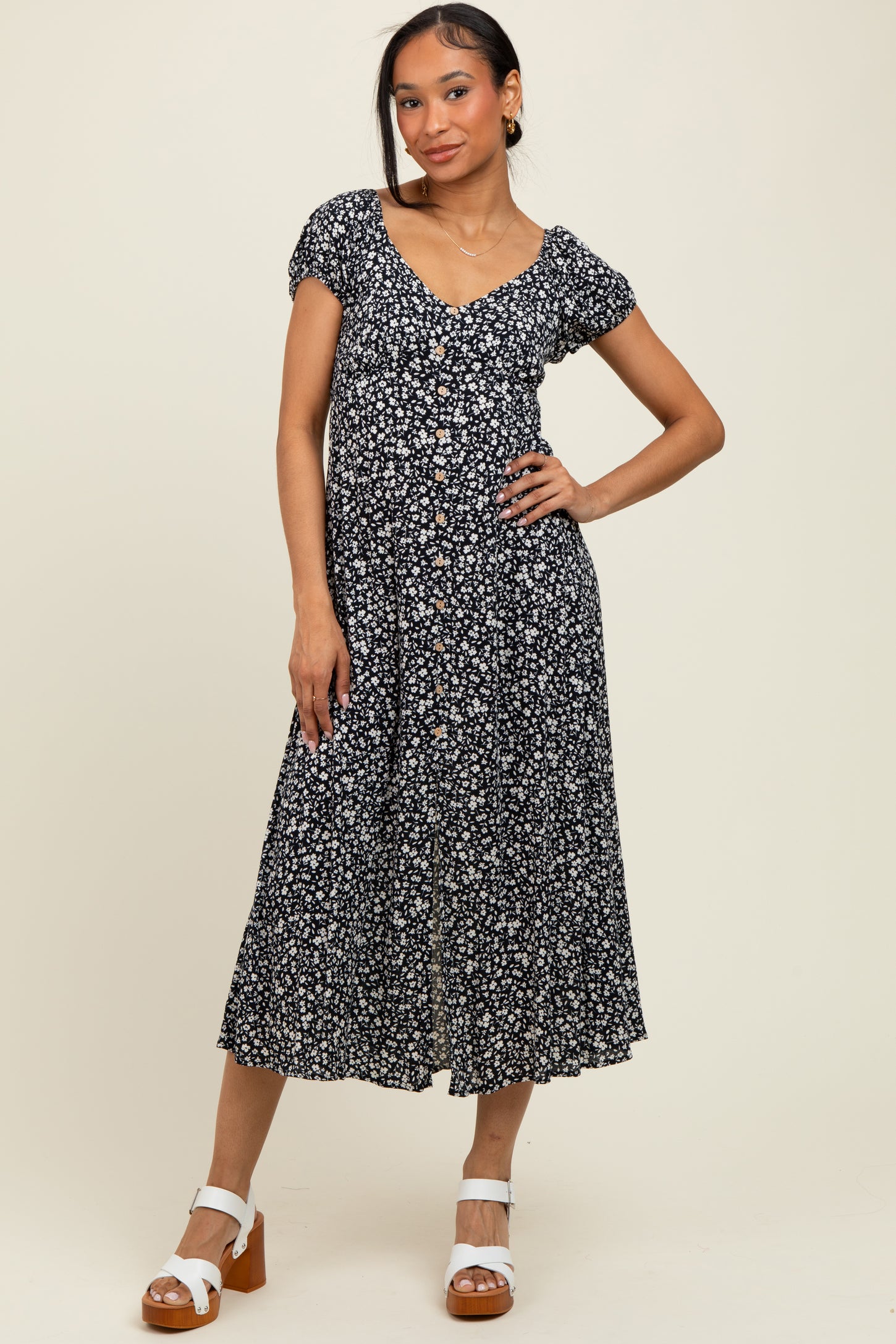 Black Floral V-Neck Button Down Midi Dress