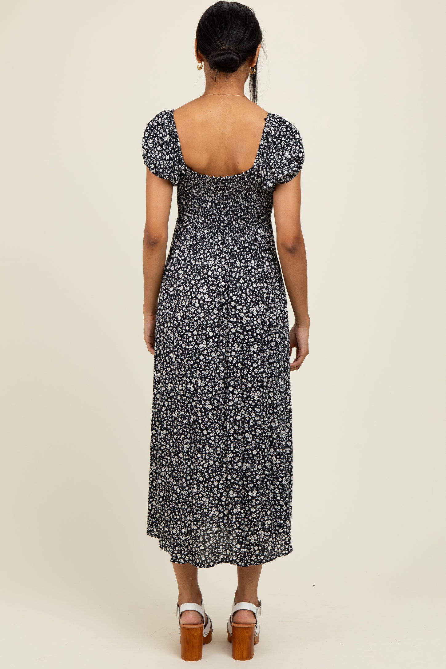 Black Floral V-Neck Button Down Midi Dress