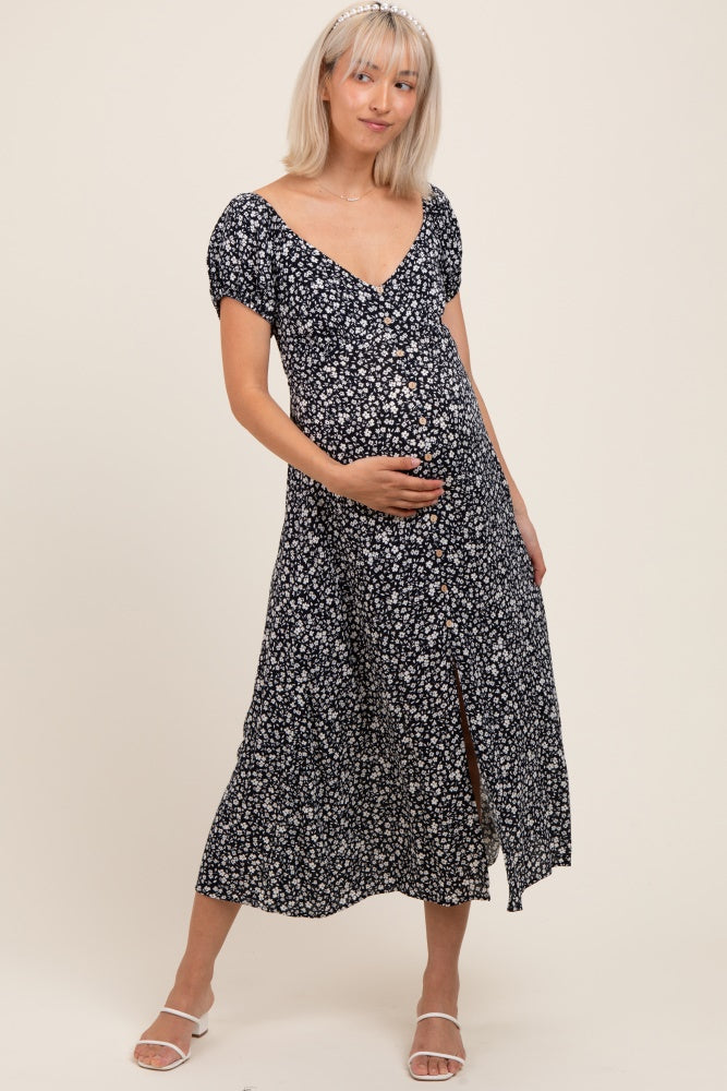 Black Floral V-Neck Button Down Maternity Midi Dress