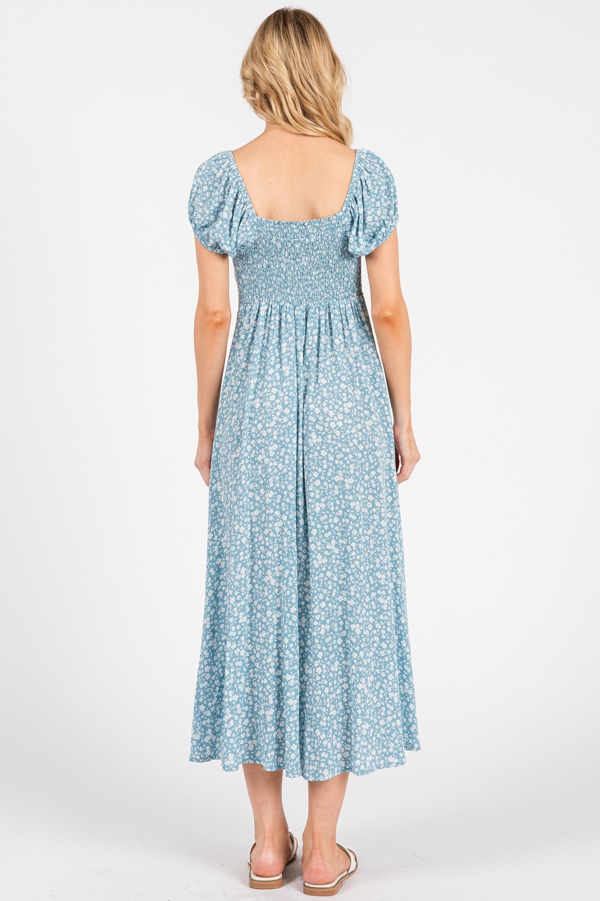 Light Blue Floral V-Neck Button Down Midi Dress