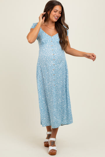 Light Blue Floral V-Neck Button Down Maternity Midi Dress