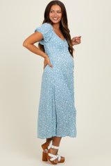 Light Blue Floral V-Neck Button Down Maternity Midi Dress