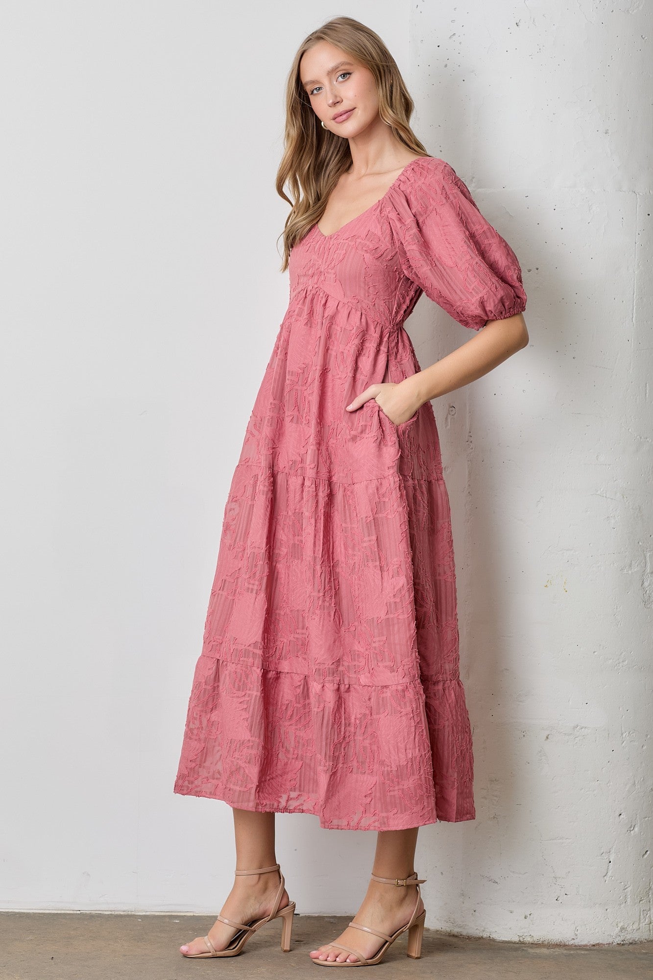 textured tiered midi dress Pink Leaf Textured Tiered Midi Dress