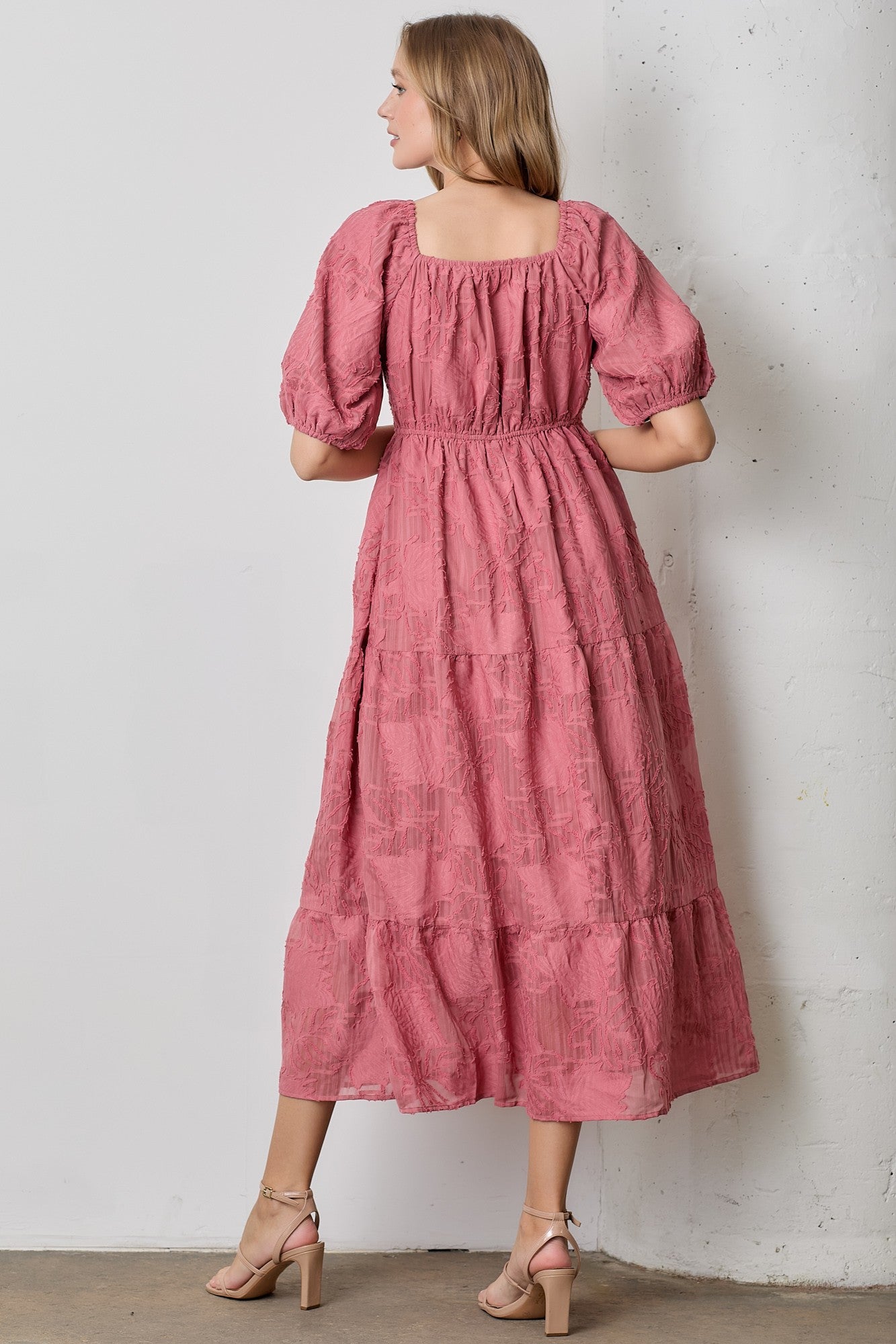 Pink Leaf Textured Tiered Midi Dress