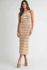Light Olive Striped Halter Crochet Knit Maternity Midi Dress