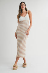Taupe Contrast Colorblock Knit Shoulder Tie Midi Dress