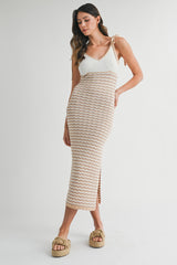 Taupe Contrast Colorblock Knit Shoulder Tie Midi Dress