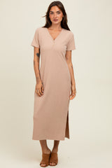 Mocha Ribbed Button Detail Midi Dress
