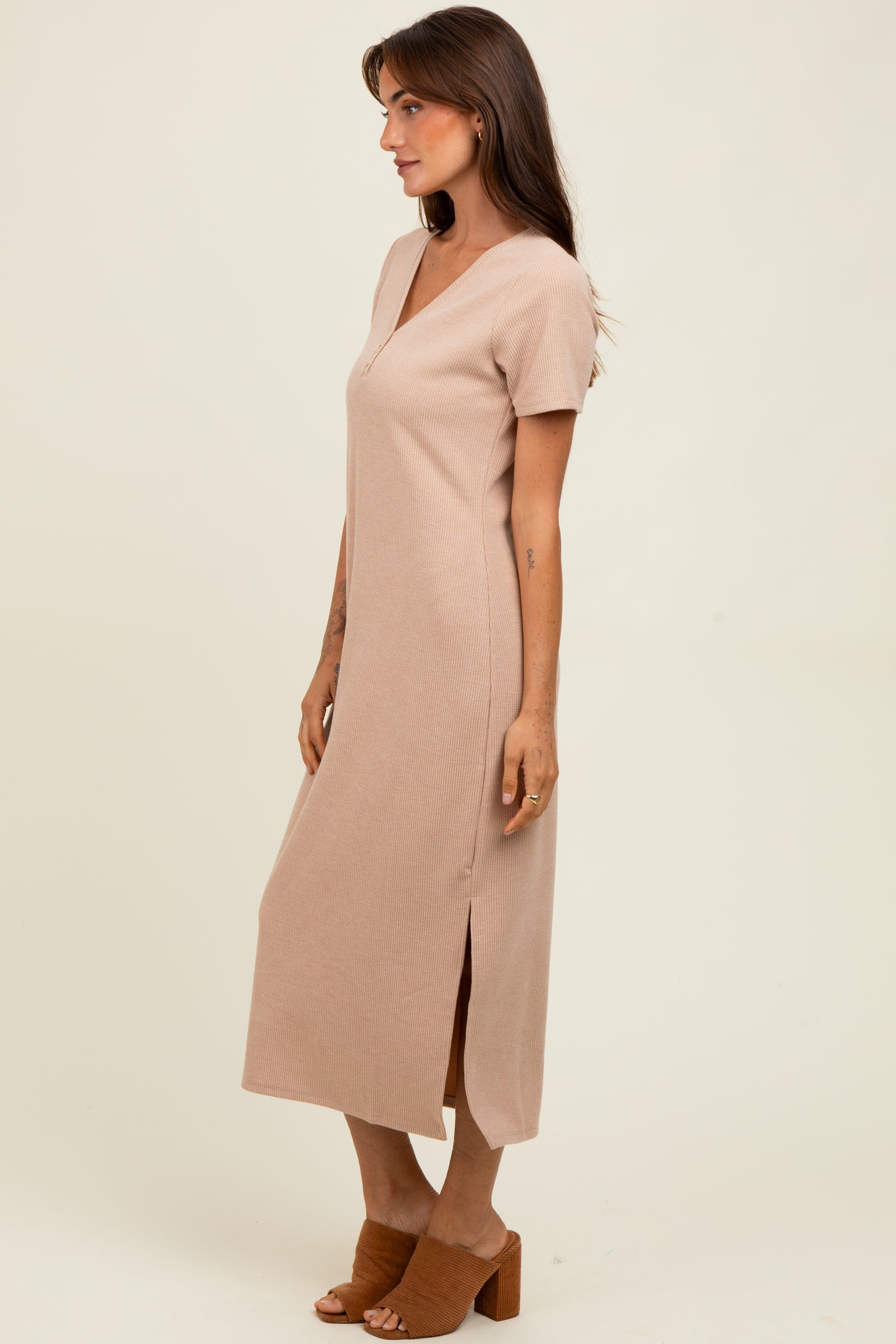 Mocha Ribbed Button Detail Midi Dress