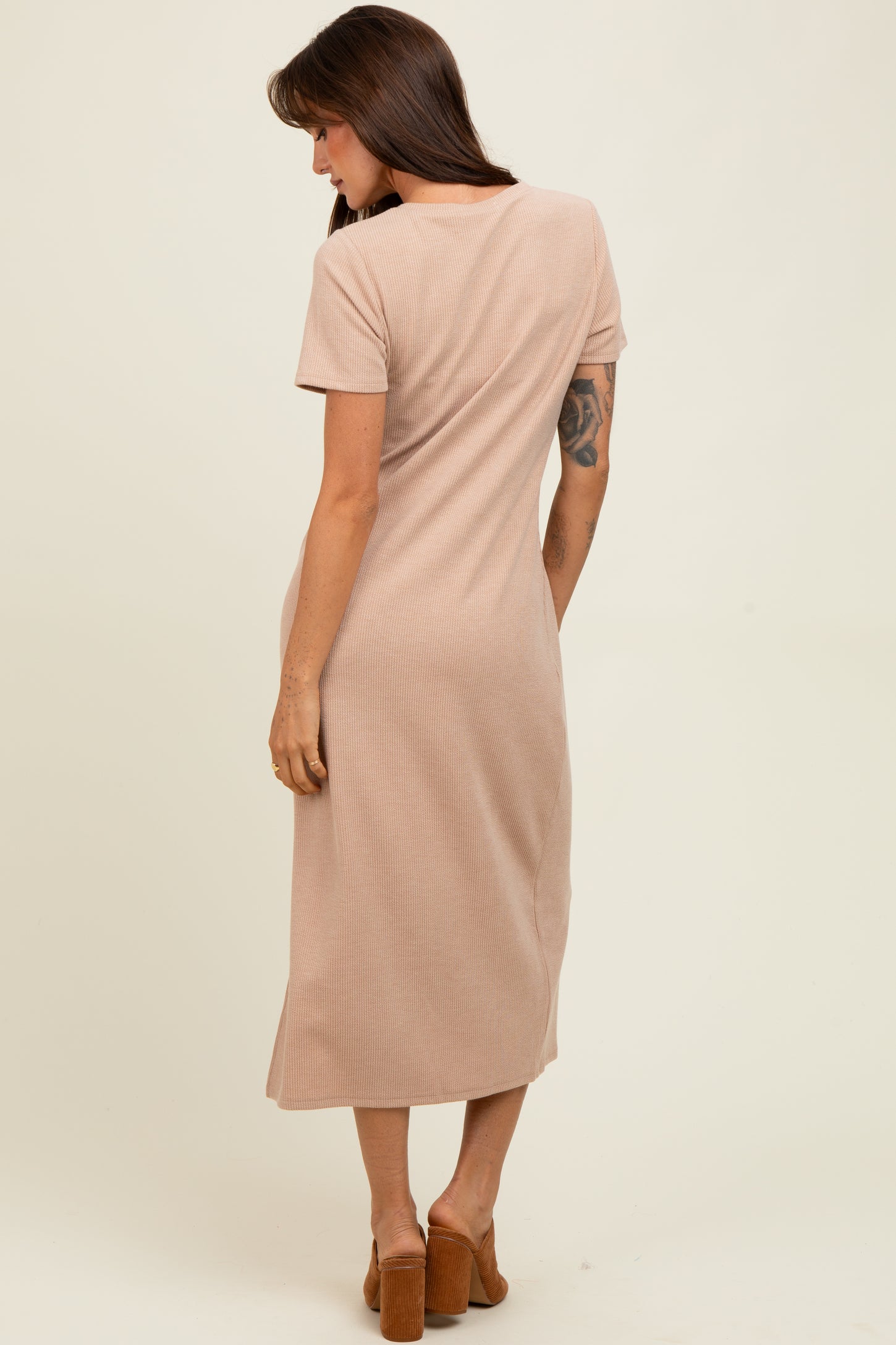 Mocha Ribbed Button Detail Midi Dress