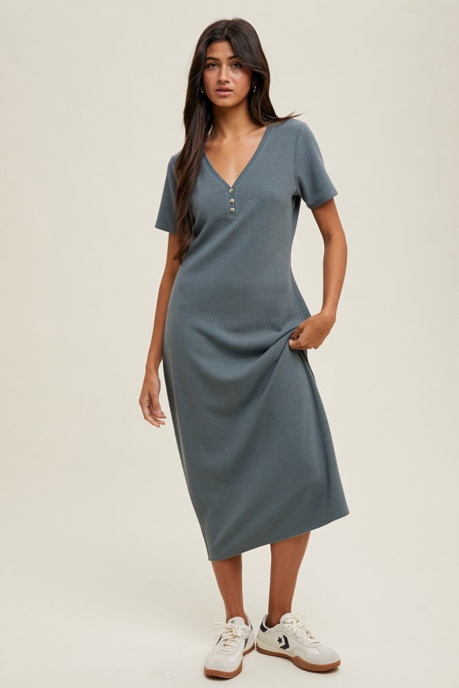 Teal Ribbed Button Detail Midi Dress