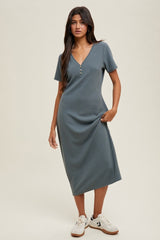 Teal Ribbed Button Detail Maternity Midi Dress