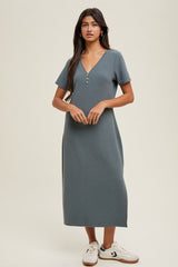 Teal Ribbed Button Detail Midi Dress