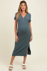 Teal Ribbed Button Detail Maternity Midi Dress