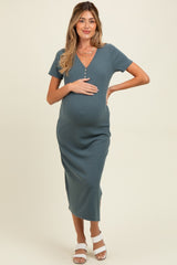 Teal Ribbed Button Detail Maternity Midi Dress
