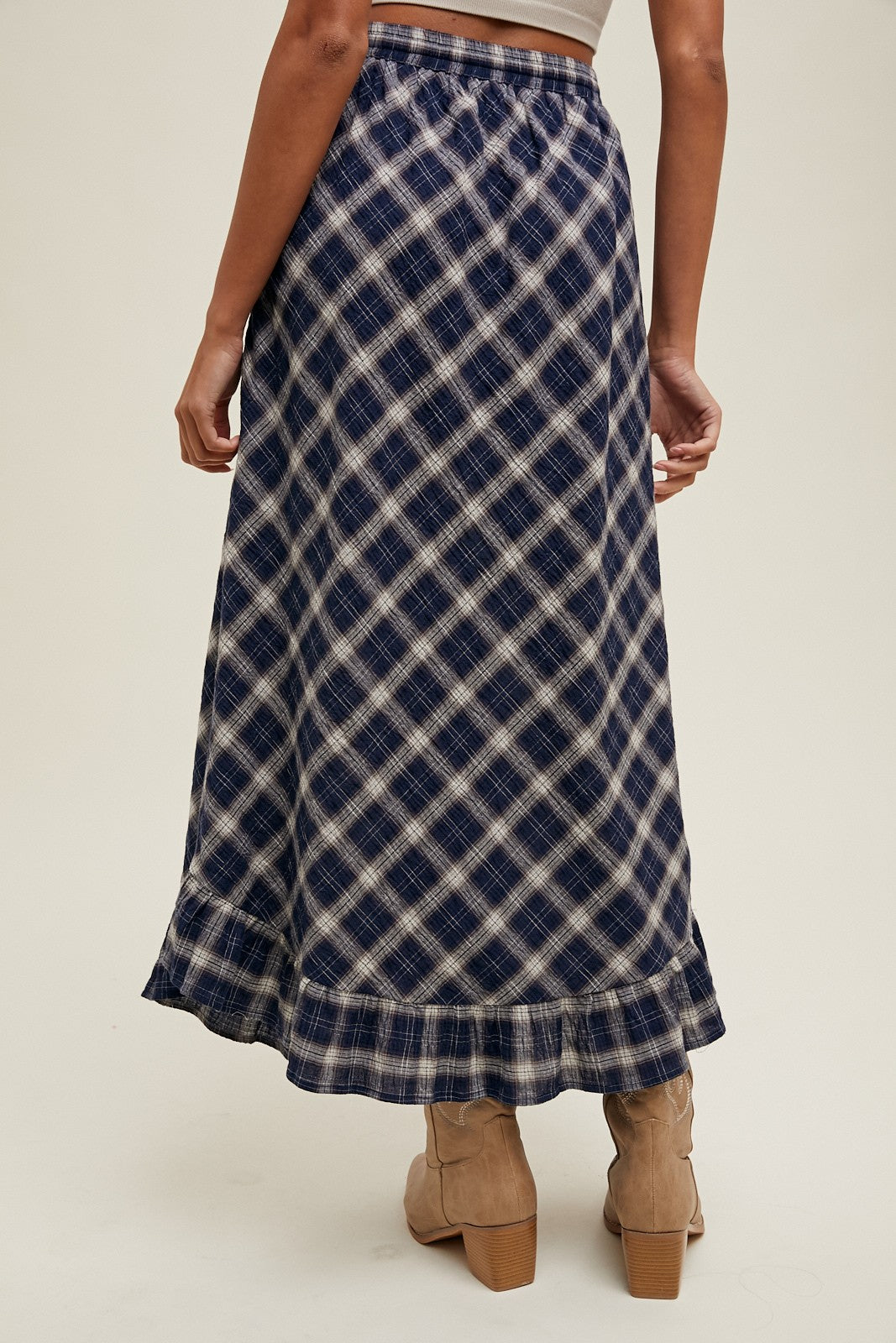 Navy Plaid Ruffle Trim Maxi Skirt
