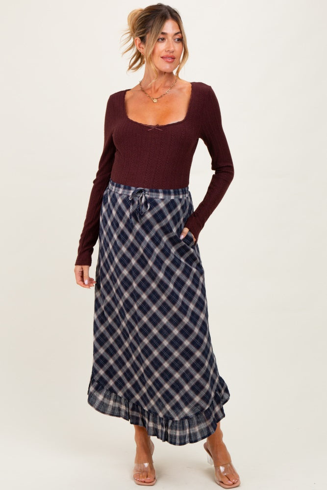 Navy Plaid Ruffle Trim Maternity Maxi Skirt