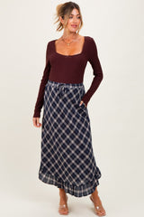 Navy Plaid Ruffle Trim Maternity Maxi Skirt