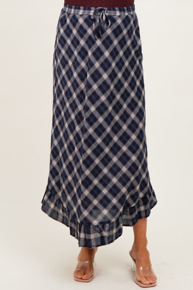 Navy Plaid Ruffle Trim Maternity Maxi Skirt