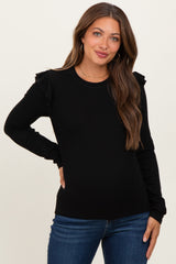Black Ribbed Knit Ruffle Detail Maternity Long Sleeve Top
