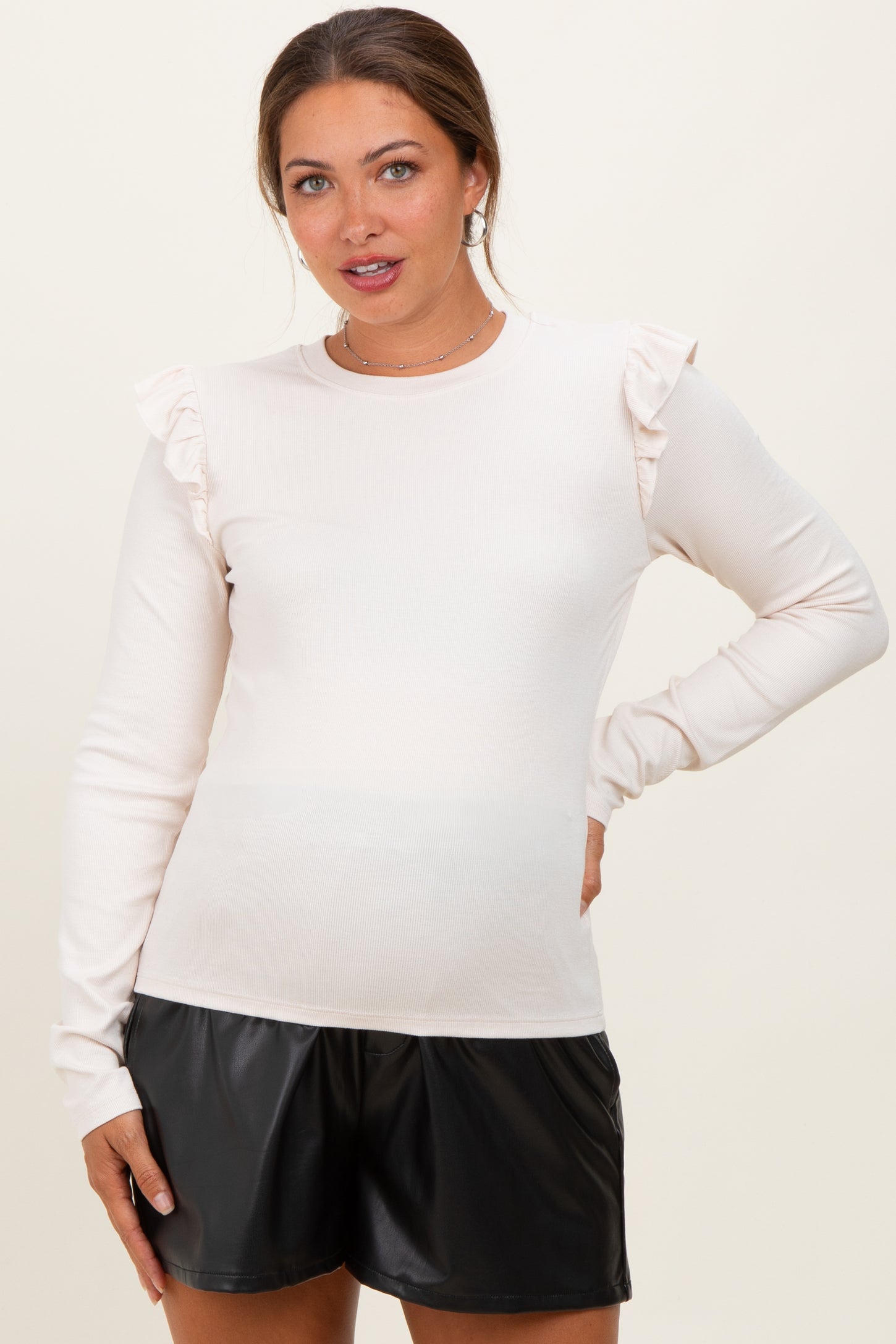 Cream Ribbed Knit Ruffle Detail Maternity Long Sleeve Top