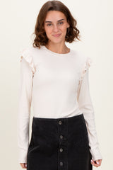 Cream Ribbed Knit Ruffle Detail Long Sleeve Top