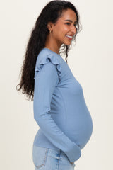 Blue Ribbed Knit Ruffle Detail Maternity Long Sleeve Top